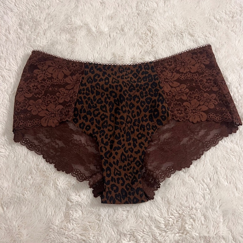 Victorias Secret PINK Leopard Floral Lace Cheeky Panty Brown L 11246717 Lingerie
